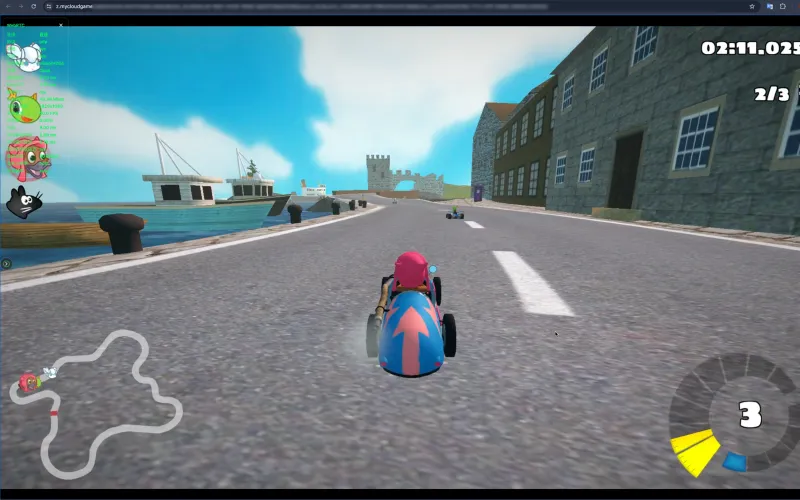 浏览器中用 YiLink 串流 SuperTuxKart，左侧为实时连接状态